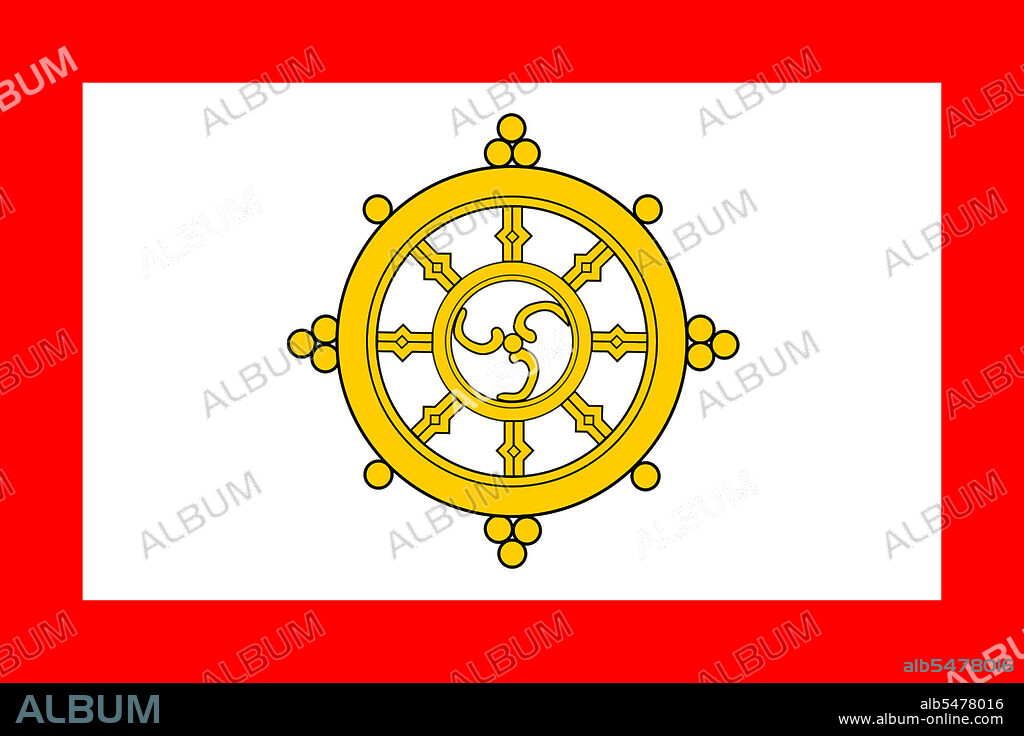 The national flag of Sikkim consisted of a Buddhist khorlo prayer wheel with the gankyil as the central element. Until 1967, the previous flag showed a very complex design with a fanciful border and religious pictograms surrounding the khorlo. A more simple design was adopted in 1967 because of the difficulty in duplication of the complex flag. The border became solid red, the pictograms were removed and the wheel was redesigned. With the annexation of Sikkim to India, and with the abolition of the monarchy, the flag was also abolished.