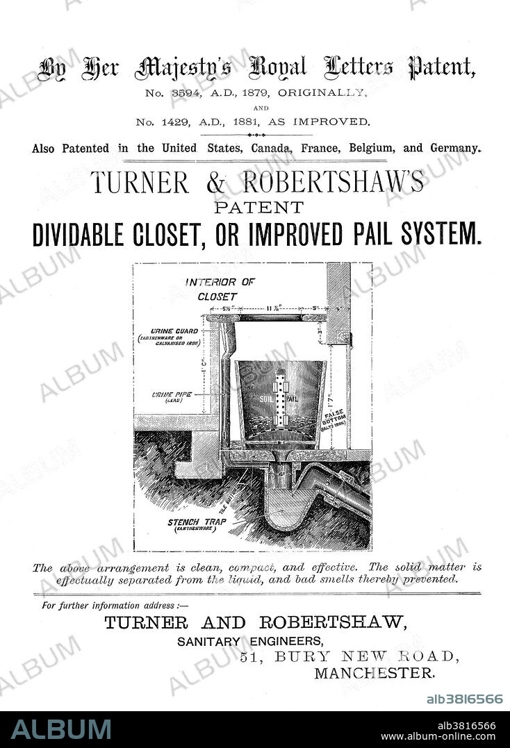 Leaflet for a Turner and Robertshaw's patent Dividable Closet, or Improved Pail System toilet, 1881. A toilet is a sanitation fixture used for the storing or disposal of human urine and feces. In developed countries, different forms of porcelain flush toilets are common: seats are used in the West while squat toilets are common in East Asia. These are connected to a sewer system in most urban areas and to septic tanks in less built-up areas. Sanitation has been a concern from the earliest stages of civilization. For the most part, early cities emptied their waste into rivers or seas manually or via open ditches, but emptying of chamber pots into city streets remained common into the modern era. A precursor to the modern flush toilet system was designed by John Harington in 1596 but did not become common until the late 19th century. Even London did not require indoor toilets in its building codes until after the WWI.