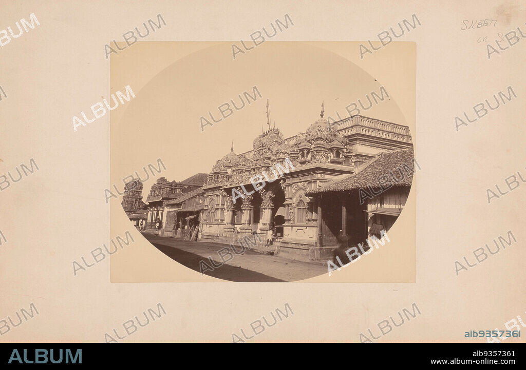 Hindu Temple, Colombo, Ceylon (Sri Lanka), View of temple from oblique front (right), showing some men., Charles T. Scowen & Co. (attributed to), Charles T. Scowen (attributed to), Sri Lanka, c. 1880 - c. 1895, paper, cardboard, albumen print, height 213 mm × width 268 mmheight 323 mm × width 498 mm.