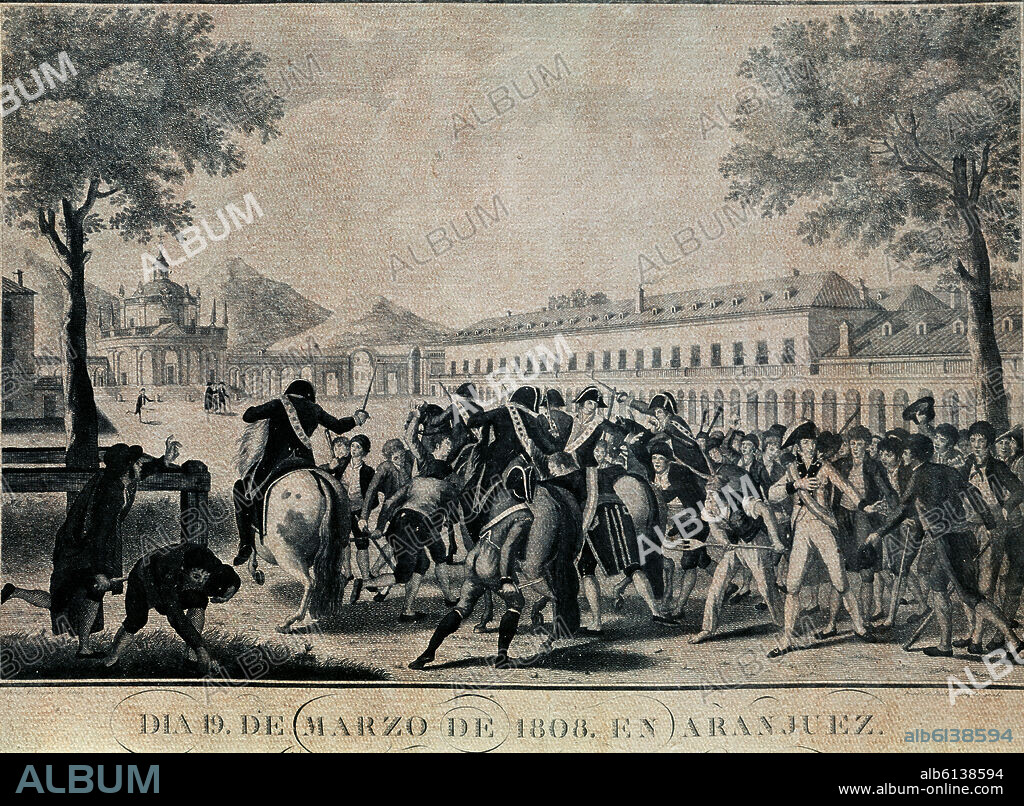 MOTIN DE ARANJUEZ EL 19 DE MARZO DE 1808 - GRABADO DEL SIGLO XIX.