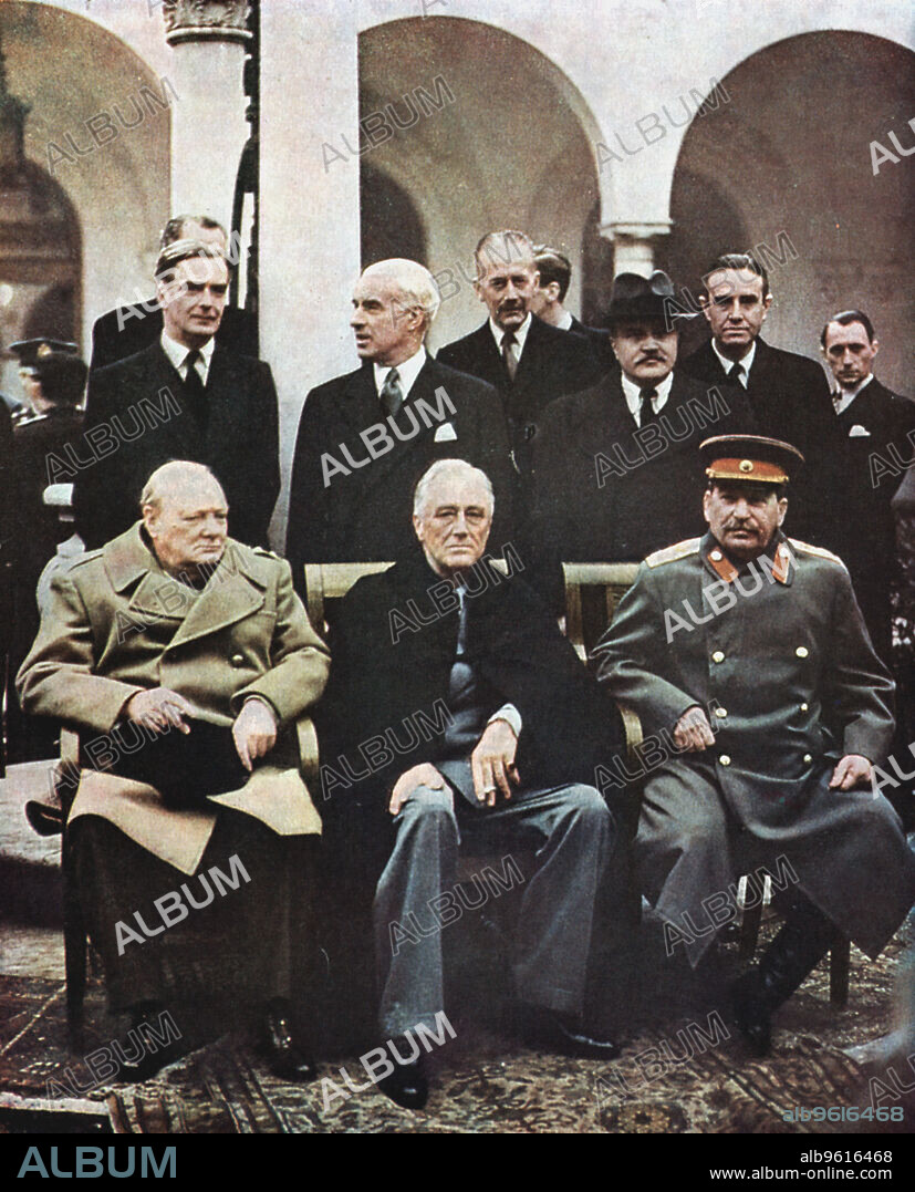 Yalta Conference of Allied leaders, World War II, 4-11 February 1945. Seated left to right: Churchill, Roosevelt and Stalin. Their respective foreign ministers, Eden, Stettinius and Molotov, stand behind them. Yalta determined the shape the world geopolitical order would take after the war.