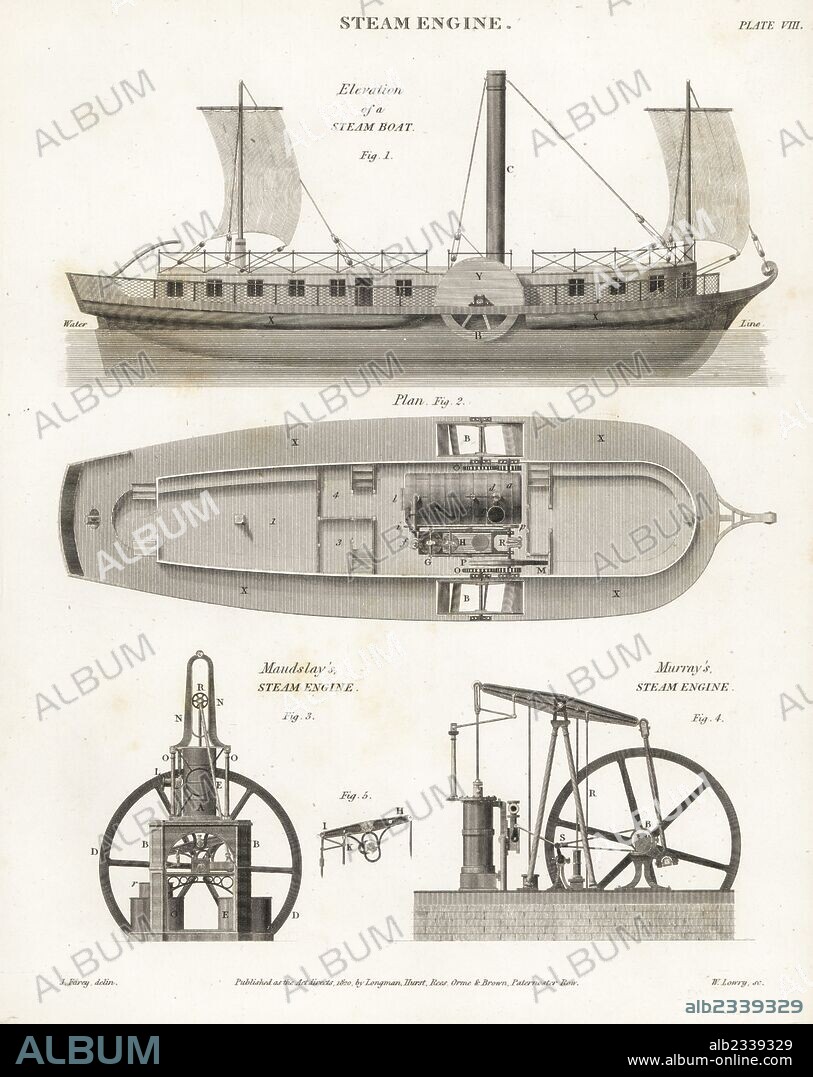 Marine steam engines: steam boat, elevation and plan, Henry Maudslay's side-lever steam engine 1815 and Matthew Murray's Trevithick-pattern steam engine 1811. Copperplate engraving by Wilson Lowry after an Illustration by J. Farey from Abraham Rees' "Cyclopedia or Universal Dictionary," London, 1820.