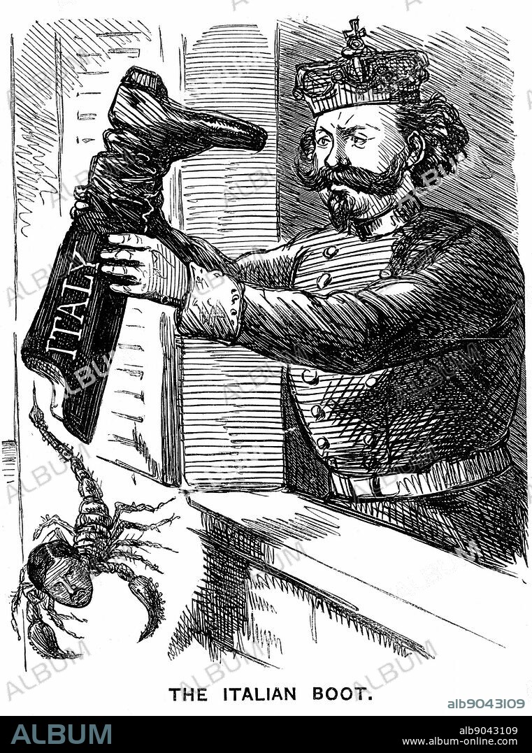 Unification of Italy: Victor Emmanuel II (1820-1878), first King of Italy from February 1861, shaking Leopold II, Grand Duke of Tuscany, out of Italy. Cartoon from 'Punch', London, 2 March 1861. Wood engraving.