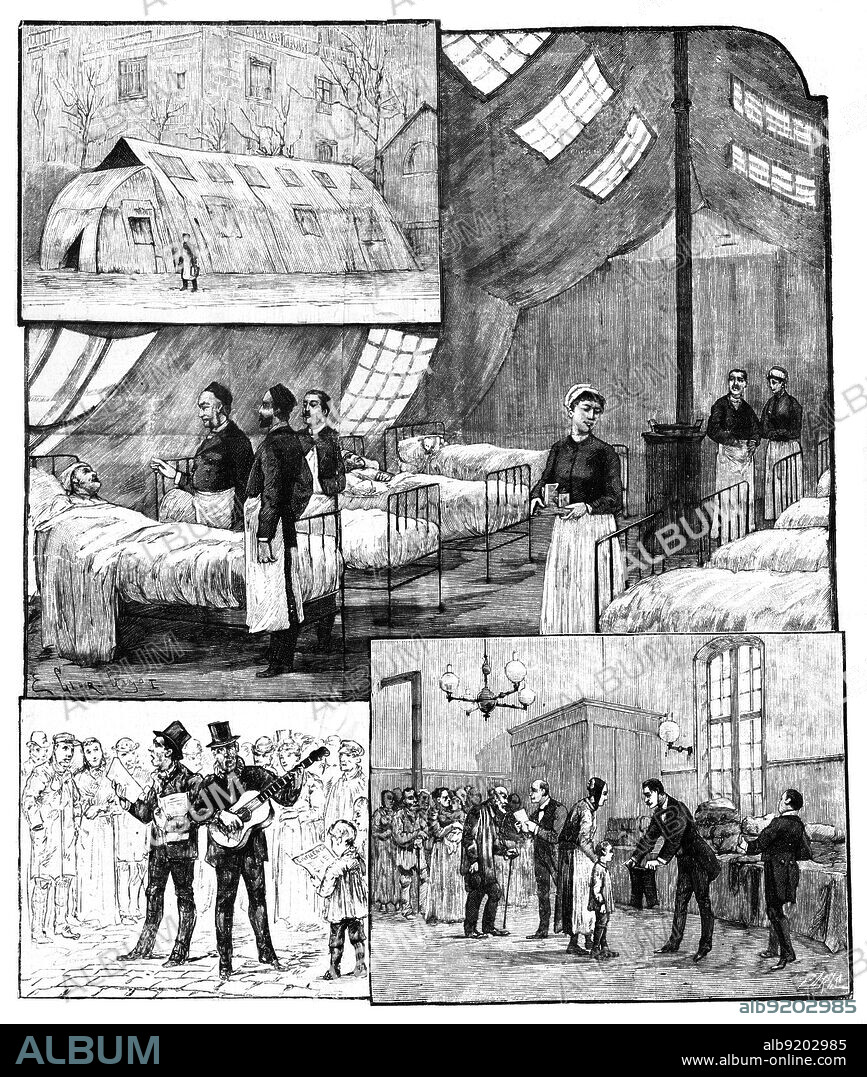 Three illustrations relating to the influenza pandemic in Paris, from the cover of Le Petit Parisien, January, 1890: the interior and exterior of a special tent set up as a ward for the sick in the courtyard of the hospital; two men singing a song about influenza to a crowd; the distribution of clothes to families of victims. The 1889-1890 pandemic, often referred to as the Russian Flu, was one of the deadliest pandemics in history, killing one million people.