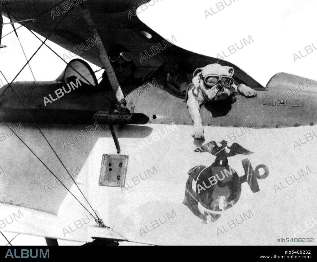 Gunnery Sergeant Benjamin Belcher and Sergeant Jiggs, mascot, in a Vought VE-7 training plane at Brown Field, Quantico, Virginia, 1924 No photographer credited (cropped and cleaned).