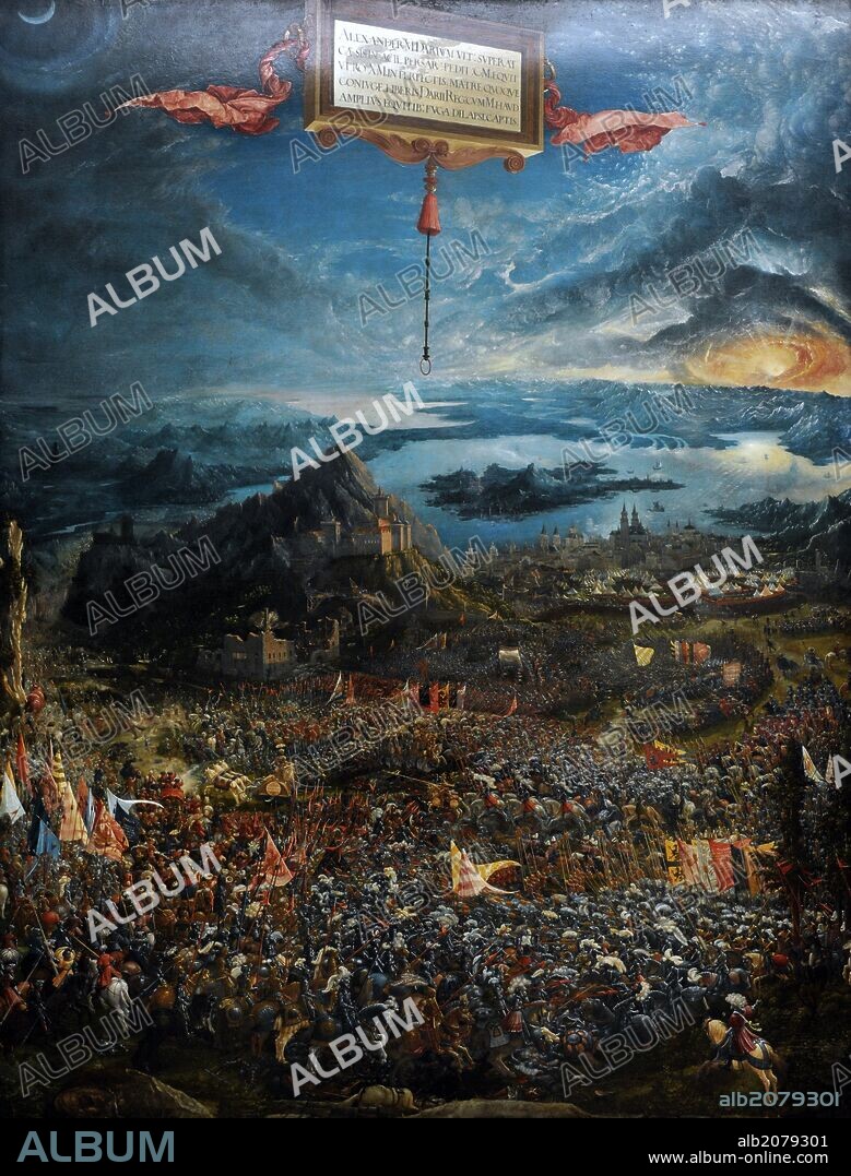 Albrecht Altdorfer (1480-1538). German artist, member of the Danube School. The Batlle of Alexander at Issus, 1529. It portrays the 330 BC Batlle of Issus, in which Alexander the Great secured a decisive victory over Daris III of Persia. Alte Pinakothek, Munich, Germany.