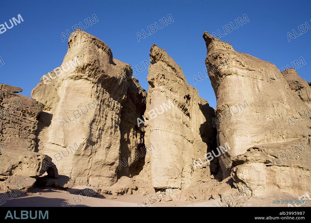 King Solomon's Pillars, Timna Valley Park, Israel. The most striking and well-known formation in Timna Valley is Solomon's Pillars. The pillars are natural structures that were formed by centuries of water erosion through a crack in the sandstone cliff until it became a series of distinct, pillar-shaped structures.