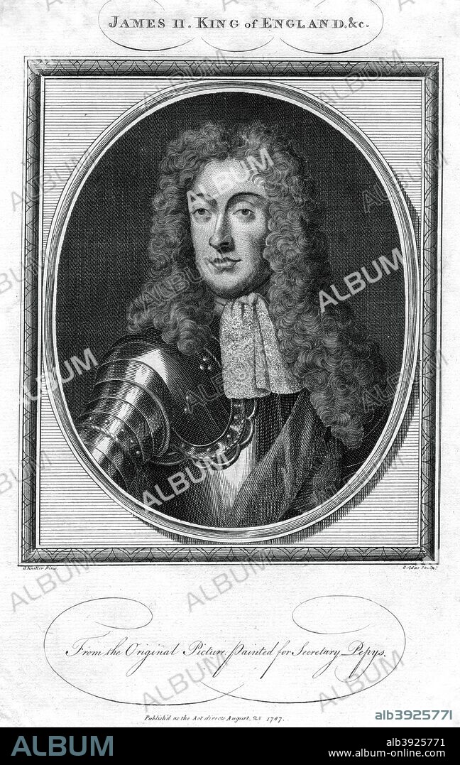 King James II of England, (1787). Portrait of James (1633-1701), the second surviving son of King Charles I, who became king on the death of his brother, Charles II.