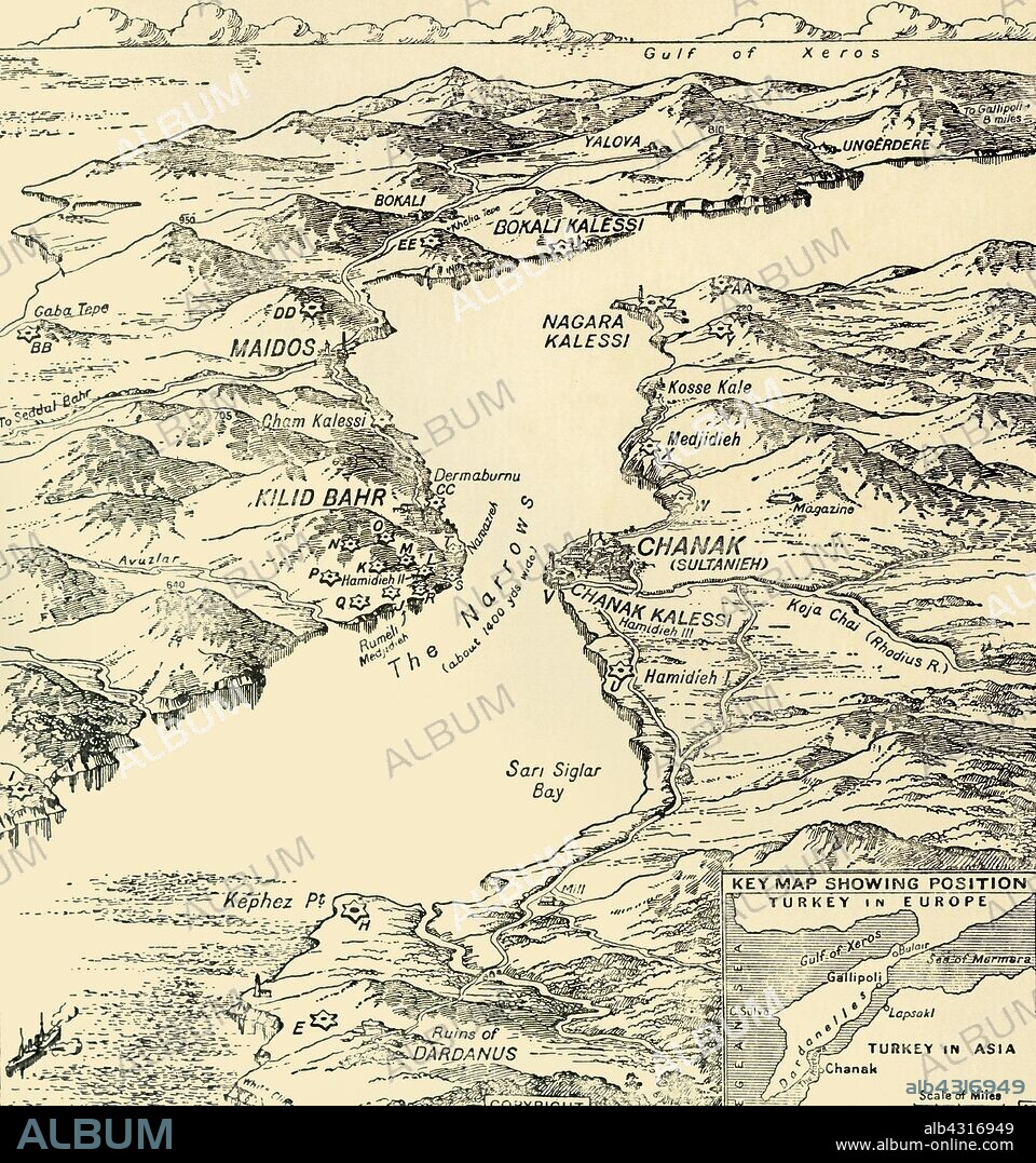 Map of the Dardanelles, First World War, 1915, (c1920). 'Bird's-eye View' of the Dardanelles from the Entrance to the Straits to the Narrows'. From "The Great World War - A History" Volume III, edited by Frank A Mumby. [The Gresham Publishing Company Ltd, London, c1920].