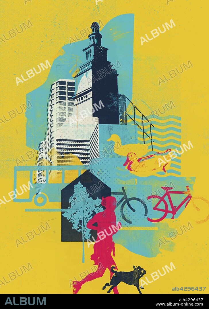 Collage of healthy lifestyle and green city.