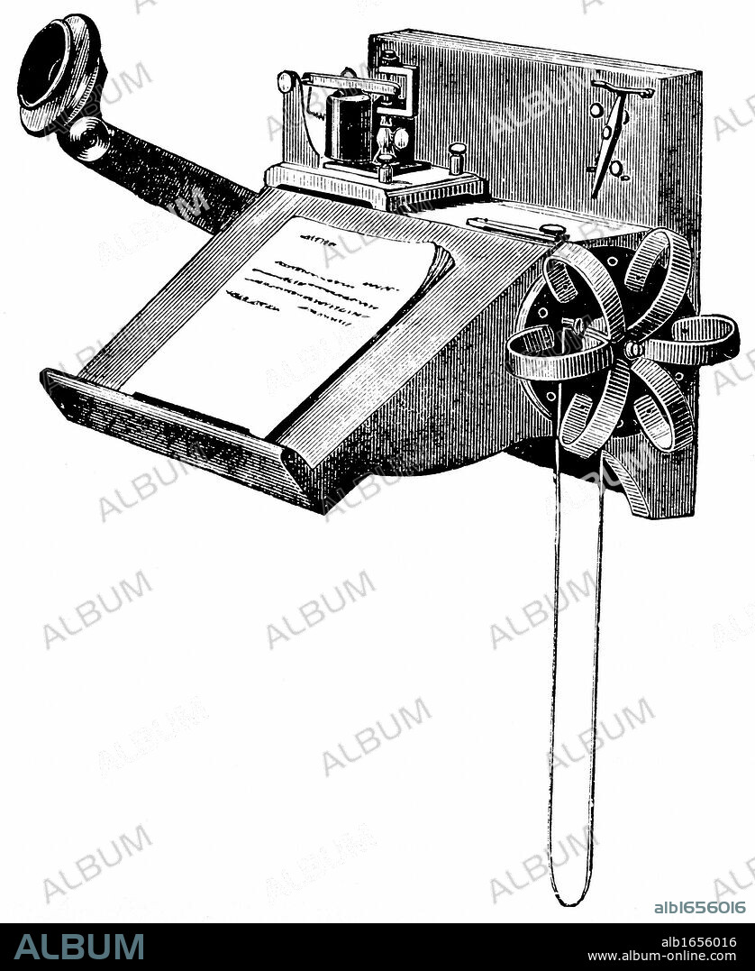 Edison carbon telephone: Wall-mounted model with 'pony-crown' receiver (right). Wood engraving, New York, 1879.