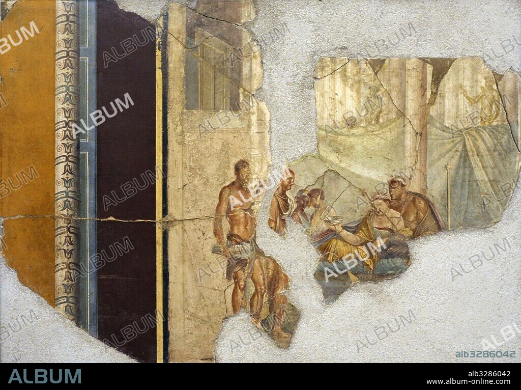 Fresco romano con la representación, a la izquierda, de partes de una edícula decorada con motivos cincelados. En su interior, una escena de banquete. Casa de José II. Pompeya. Primera Edad Imperial. Museo Arqueológico Nacional. Nápoles. Italia.