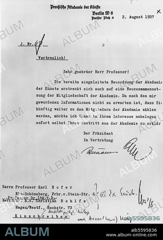 Hofer, Karl Karlsruhe 11.10.1878 - Berlin 3.4.1955. Brief der Preussischen Akademie der Künste vom 2. August 1937: Aufforderung zum Austritt.