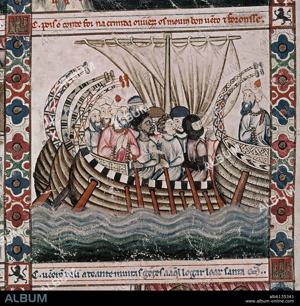 ALFONSO X OF CASTILE THE WISE. MTI1-CANTIGA DE SANTA MARIA Nº95-F139-D-GALERA DE MOROS QUE SIGUEN SU RUTA-MINIATURA DEL SIGLO XIII.