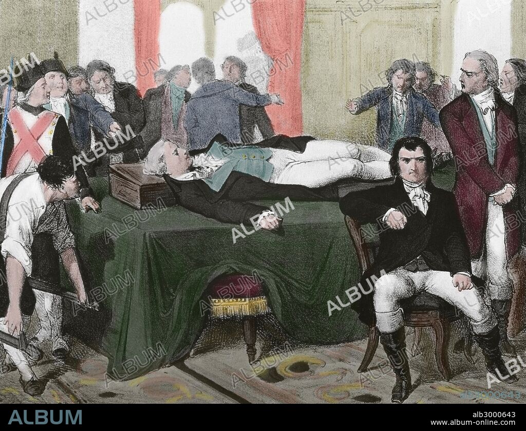 ROBESPIERRE, Maximilien de (Arrás, 1758-París, 1794). Político revolucionario francés. Jefe de los jacobinos y de los "montagnards". Tras el GOLPE DE ESTADO TERMIDORIANO, que ponía fin a la poca de los exaltados, ROBESPIERRE y Saint-Just fueron ejecutados el 10 de Termidor (28 de julio de 1794). "CADAVER DE ROBESPIERRE EN EL AYUNTAMIENTO DE PARIS". Grabado coloreado.