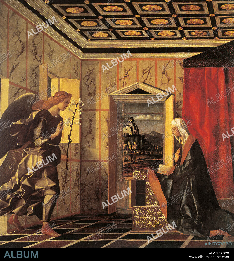 The Herald Angel and the Annunciation, by Giovanni Bellini, 1489 post, 15th Century, oil on canvas, cm 224 x 106. Italy, Veneto, Venice, Accademia Art Galleries, cat. 734. All. Archangel Gabriel Annunciation Madonna Virgin Mary lily kneeler book room window curtain perspective floor ceiling red yellow black. Authorization required for non editorial use.