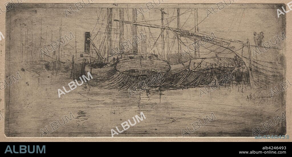 Slip along the Cuyahoga River, 1887. Arthur E. Schneider. Etching.