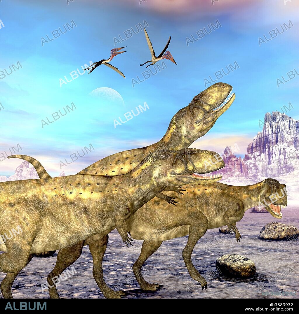 Abelisaurus theropod dinosaurs hunt for their next prey as three Zhejiangopterus reptile birds follow them.