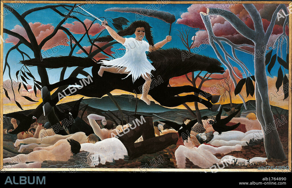 War or the Ride of Discord, by Rousseau Henri known as il Doganiere, 1894, 19th Century, oil on canvas, cm 114 x 195. France, Ile de France, Paris, Muse dOrsay, R.F. 1946-1. All. War ride Discord tree azure light blue pink brown dead body black crow massacre horse hoofs steed sword torch reference French Prussian war 1870.