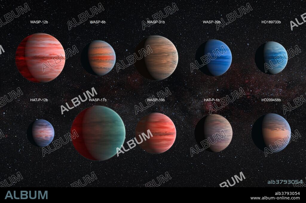 Image shows an artist's impression of the 10 hot Jupiter exoplanets studied using the Hubble and Spitzer space telescopes. From top left to lower left, these planets are WASP-12b, WASP-6b, WASP-31b, WASP-39b, HD 189733b, HAT-P-12b, WASP-17b, WASP-19b, HAT-P-1b and HD 209458b. The colors of the planets are for illustration purposes only. There is little scientific data on color with the exception of HD 189733b, which became known as the "blue planet." The planets are also depicted with a variety of different cloud properties. The wind patterns shown on these 10 planets, which resemble the visible structures on Jupiter, are based on theoretical models. The illustrations are to scale with each other. HAT-P-12b, the smallest of these planets, is approximately the size of Jupiter, while WASP-17b, the largest one in the sample, is almost twice the size. The hottest planets within the sample are portrayed with a glowing night side. This effect is strongest on WASP-12b, the hottest exoplanet in the sample, but also visible on WASP-19b and WASP-17b. It is also known that several of the planets exhibit strong Rayleigh scattering. This effect causes the blue hue of the daytime sky and the reddening of the sun at sunset on Earth. It is also visible as a blue edge on the planets WASP-6b, HD 189733b, HAT-P-12b and HD 209458b. Release date December 14, 2015.