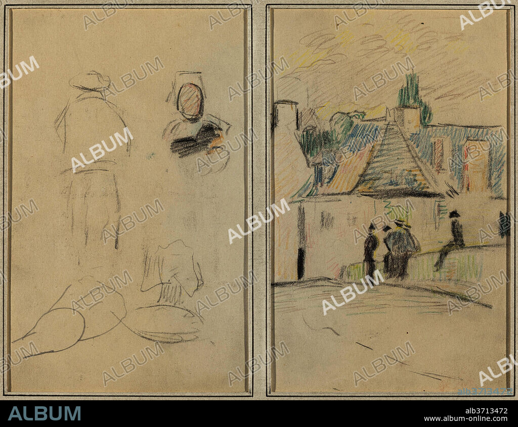 PAUL GAUGUIN. Two Breton Figures; Bridge at Pont-Aven [recto]. Dated: 1884-1888. Dimensions: overall: 16.9 x 22.3 cm (6 5/8 x 8 3/4 in.). Medium: crayon on wove paper.