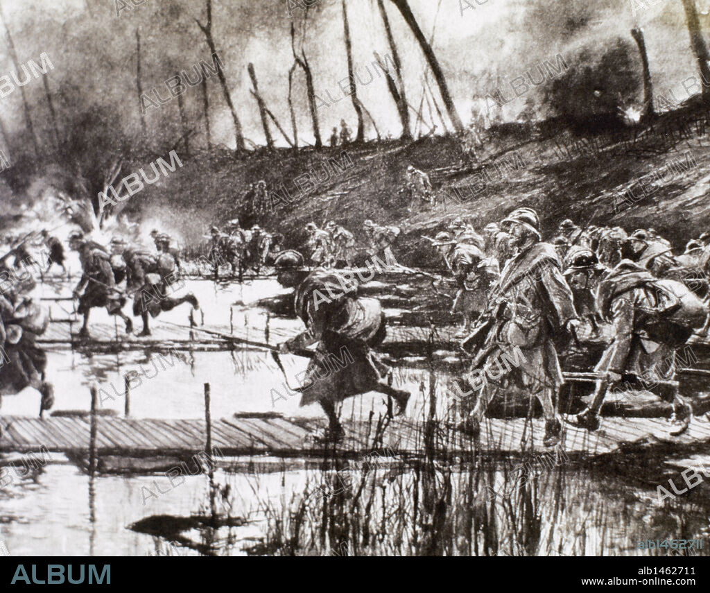 FRANÇOIS FLAMENG. PRIMERA GUERRA MUNDIAL (1914-1918). "TROPAS FRANCESAS ATRAVIESAN EL RIO ISERE SOBRE PASARELAS IMPROVISADAS, BAJO FUEGO ENEMIGO" (agosto de 1917, Francia) .