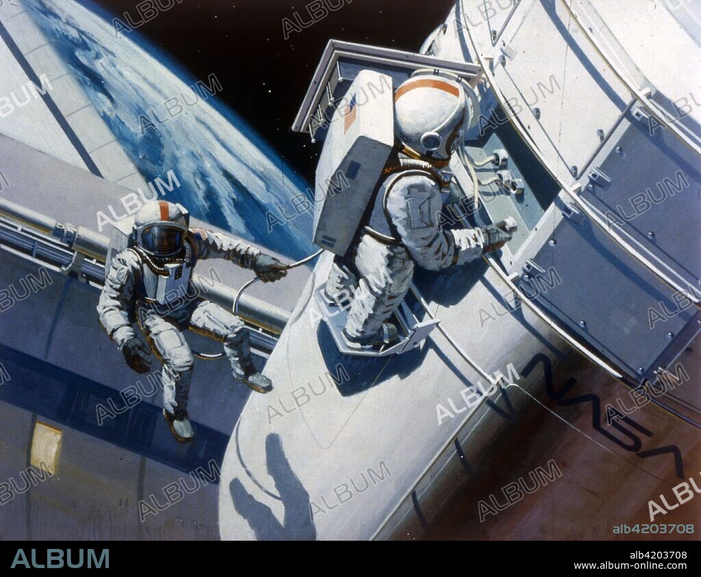 Space Shuttle - artist's concept of spacewalk, 1980s. Illustraion of EVA - Extra Vehicular Activity - from the Orbiter space shuttle. The Space Shuttle program, (official name, Space Transportation System or STS), was the fourth human spaceflight program carried out by the National Aeronautics and Space Administration (NASA), which accomplished routine Earth-to-orbit transport for crew and cargo between 1981 and 2011.