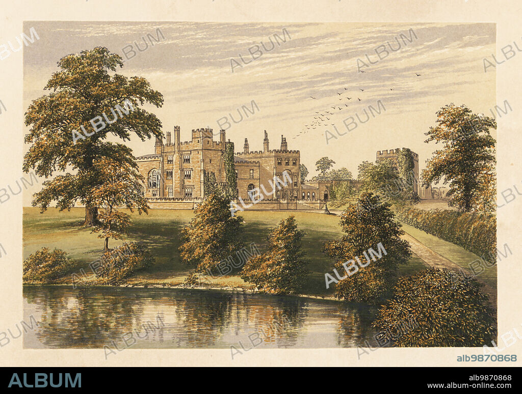 Ripley Castle, Yorkshire, England. Medieval castellated manor house from 1555 rebuilt by architect William Belwood in the 18th century for Sir John Ingilby, 1st Baronet. Colour woodblock by Benjamin Fawcett in the Baxter process of an illustration by Alexander Francis Lydon from Reverend Francis Orpen Morriss Picturesque Views of the Seats of Noblemen and Gentlemen of Great Britain and Ireland, William Mackenzie, London, 1880.