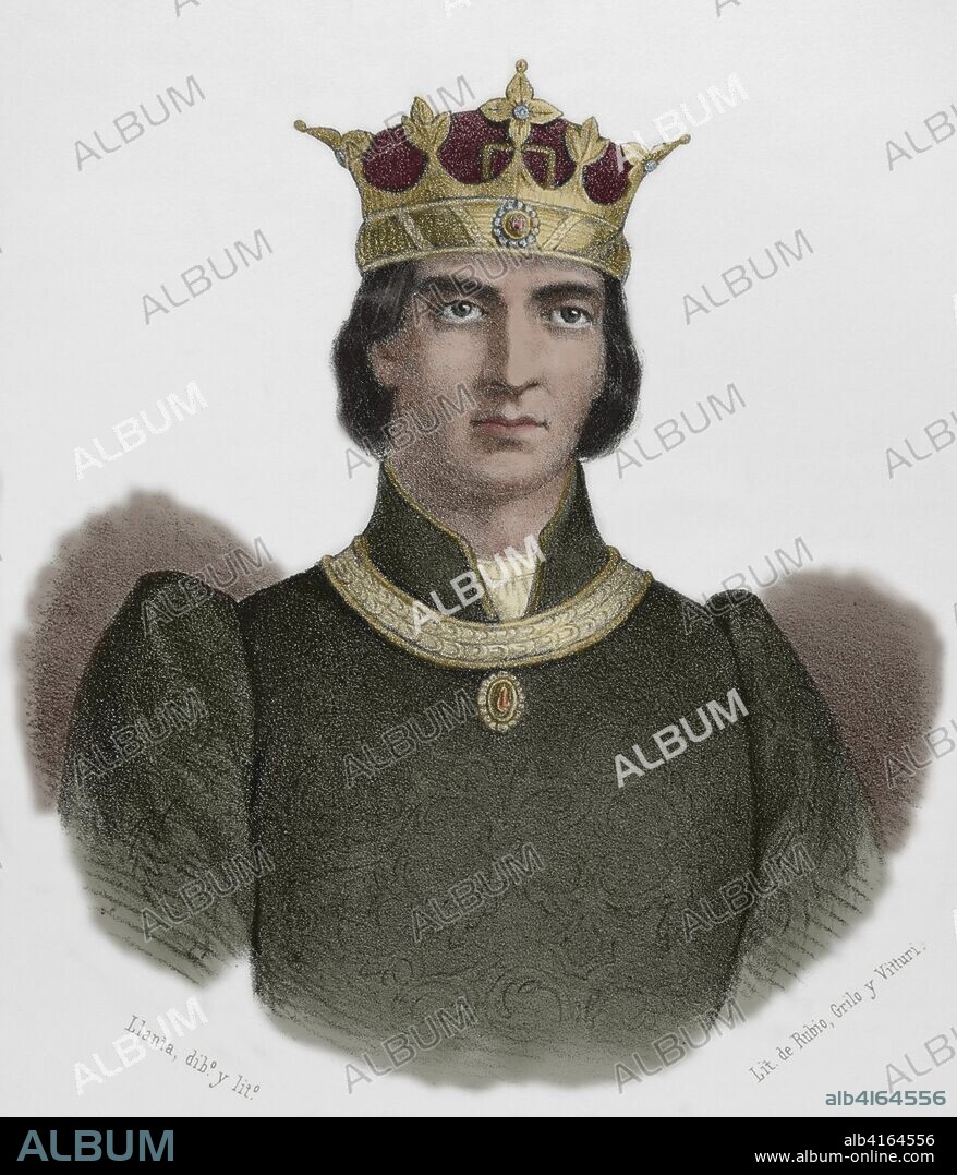 Pedro IV de Aragón, llamado el Ceremonioso (Balaguer, 1319-Barcelona, 1387). Rey de Aragón, Valencia, Cerdeña y Córcega y Conde de Barcelona. Dibujo por Llanta. Litografía. Coloreada. Crónica General de España, Historia Ilustrada y Descriptiva de sus Provincias. Cataluña, 1866.