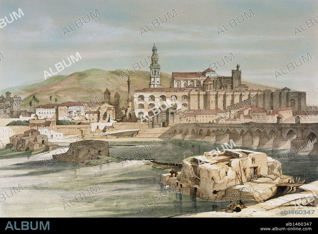 CORDOBA. Año 1837. "PUENTE ROMANO SOBRE EL RIO GUADALQUIVIR". ANDALUCIA. ESPAÑA. Dibujo de David ROBERTS, litografía de T. S. COOPER. Londres, 1837.