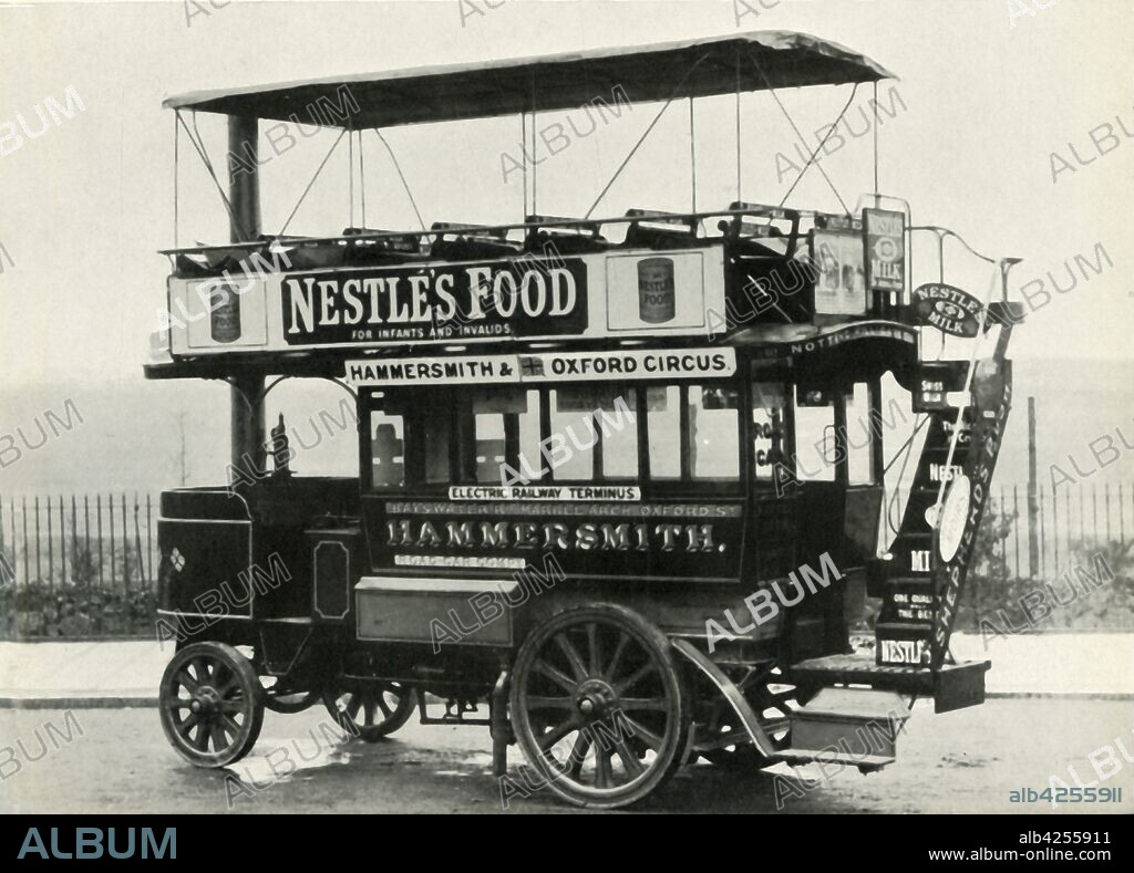 London steam bus, 1902, (1947). Double-decker steam-powered bus, travelling between Hammersmith and Oxford Circus, with advertisements for 'Nestlé's Food for infants and invalids'. From "The Saturday Book", Seventh Year, edited by Leonard Russell. [Hutchinson, St. Albans, 1947].
