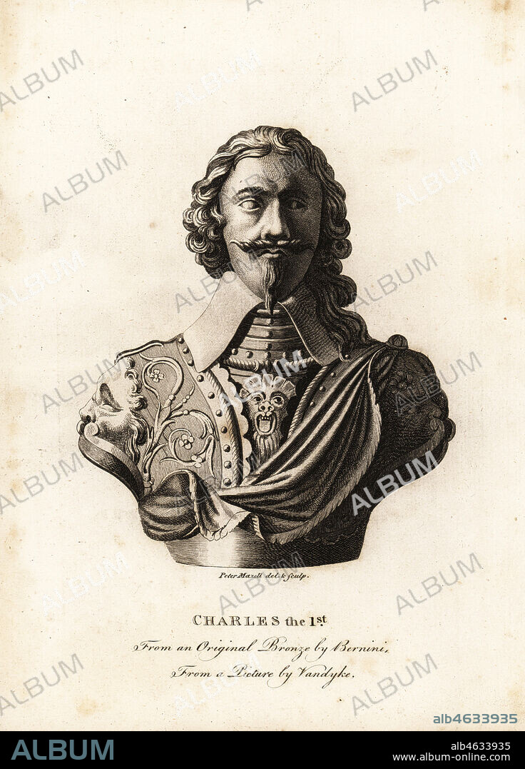 Bust of King Charles I of England. From an original bronze by Gian Lorenzo Bernini, from a picture by Sir Anthony van Dyke. Copperplate engraving by Peter Mazell from Thomas Pennants Account of London, Robert Faulder, London, 1790.