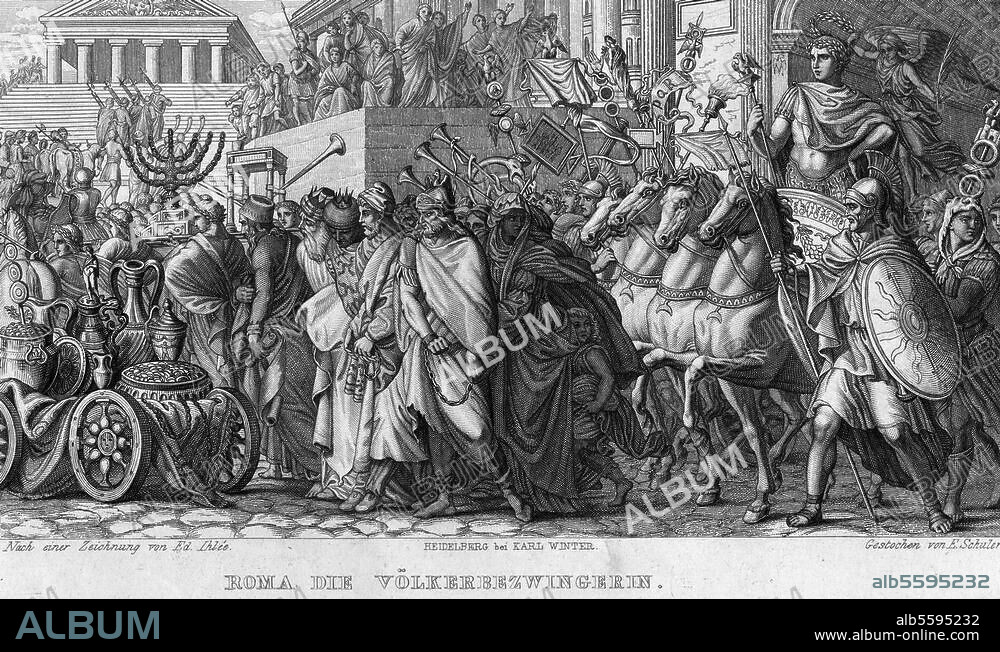 Titus, (Titus Flavius Vespasianus), Roman Emperor (79-81 AD); 30-81. "Roma the Conqueror". (Triumph of Titus after the Jewish war with war booty from Jerusalem). Steel engraving, 1874, by Edouard Schuler (1806-1882) after drawings by Eduard Ihlee (1812-1885). Berlin, Sammlung Archiv für Kunst und Geschichte.