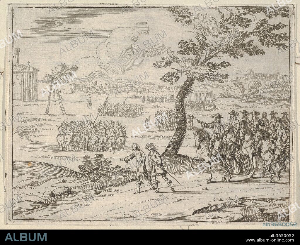 Francesco I d'Este Punishes a Soldier by Death who had Stolen a Chalice from the Holy Church, from L'Idea di un Principe ed Eroe Cristiano in Francesco I d'Este, di Modena e Reggio Duca VIII [...]. Artist: Bartolomeo Fenice (Fénis). Author: Domenico Gamberti. Dimensions: Sheet: 4 15/16 × 6 3/8 in. (12.5 × 16.2 cm)
Plate: 4 3/4 × 6 1/4 in. (12.1 × 15.9 cm). Published in: Modena. Series/Portfolio: L'Idea di un Principe ed Eroe Cristiano in Francesco I d'Este, di Modena e Reggio Duca VIII [...]. Date: 1659.
This print is from L'Idea di un Principe ed Eroe Cristiano in Francesco I d'Este, di Modena e Reggio Duca VIII [...] collected in an album of brown boards. Four prints are hinged on each page of the album with a seventeenth- or eighteenth-century inscription pasted beneath the print on the album page.  The prints are etched in the manner of Callot and illustrate Francesco I d'Este's virtuous nature as a ruler in battle, in religious matters, and in daily life. Three of the prints are signed by Jean Sauvé, who presumably worked with Fenice on the execution of the illustrations for this book. There are sixty-seven copper plates and forty-five preparatory drawings in the Museo Civico di Modena.