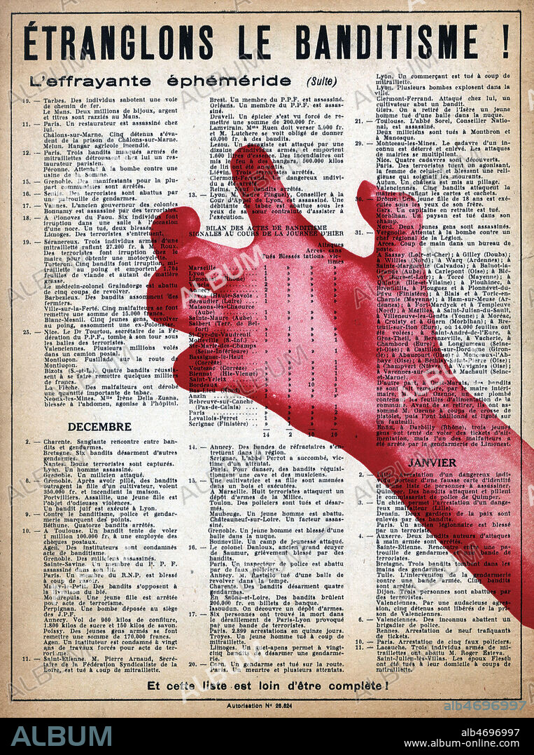Etranglons le banditisme. L'effrayante ephemeride (liste des attentats de la Resistance). Illustration anonyme le dos de la brochure L'Armee du crime (sur le groupe Manouchian de l'Affiche rouge), 1944. Credit : Collection Kharbine-Tapabor.