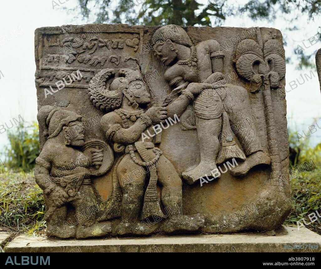 One of the numerous relief carvings in the couryard of Candi Sukuh Temple, a 15th century Javanese-Hindu temple (candi). The artifact narrates the old tale of Sudamara, a hero in the Indonesian Wayang storytelling tradition.