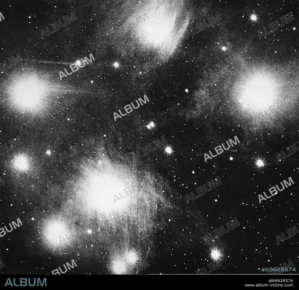 Constellation of the Pleiades (Seven Sisters), 1908. Photographed with the 36 inch Crossley reflector at the Lick Observatory, California, USA. The Pleiades, 380 light years distant from Earth, is an open cluster of young stars. The seven brightest stars are easily visible with the naked eye, but the cluster actually consists of hundreds of stars. From The Publications of the Lick Observatory Vol VIII. Sacramento, 1908).