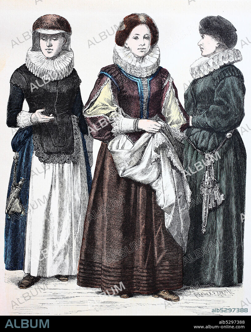 National costume, clothes, history of the costumes, women from Frankfurt, from the Palatinate and from Swabia, national costumes from Germany, 17th century, Volkstracht, Kleidung, Geschichte der Kostüme, Frauen aus Frankfurt, aus der Pfalz und aus Schwaben, Trachten aus Deutschland, 17. Jahrhundert.