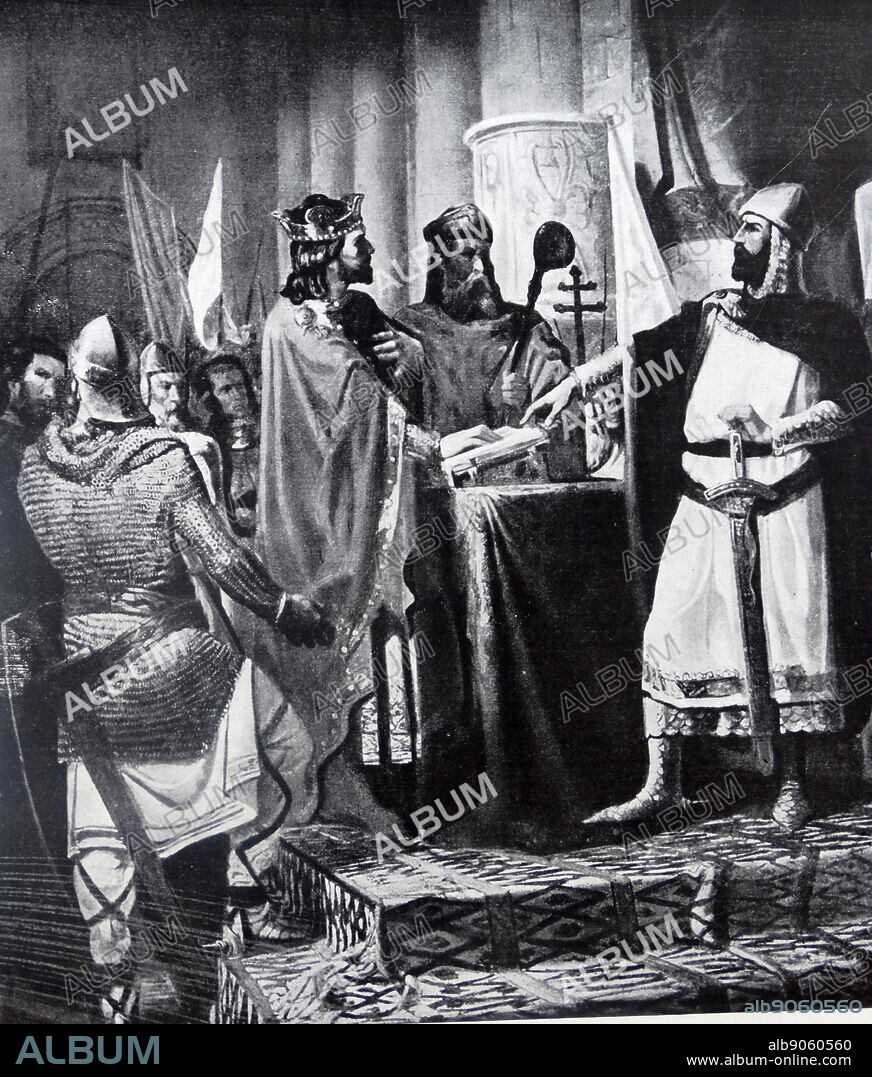 Painting depicting The Jura Santa Gadea, a medieval legend passed by the Romance of the Jura Santa Gadea , where the oath that allegedly had to pay the king tells Alfonso VI of León in the church of Santa Gadea of Burgos, in order to prove that he had not taken part in the murder of his own brother, King Sancho II of Castile , who had been killed during the Siege of Zamora. Dated 11th Century.