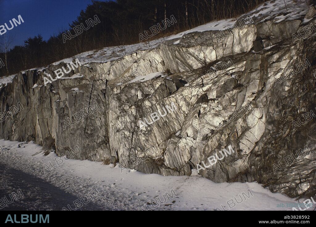 Phyllite, a metamorphic rock, on the side of I-91 at White River Junction in Vermont.