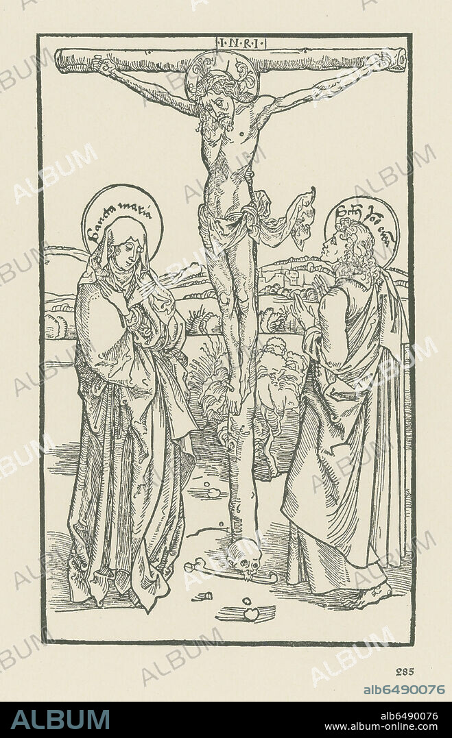 ALBERTO DURERO. Christ on the Cross with Mary Virgin and Saint John. Canon cut from Missale speciale. Printed by Johann Grueninger, Strassburg, 13 November 1493. Woodcut, 222 x 136mm. 
(Canon, fol. 80r.).