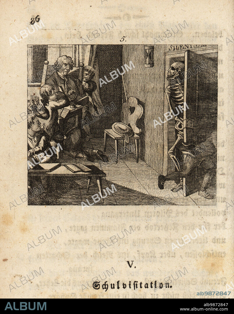 The skeleton of Death, Freund Hans, visits a boys school, 18th century. The teacher looks up with fear, while pupils flee and hide under desks. The schooloom decorated with hourglass, desks and books, Silence written on the wall. The school visit. Schulvisitation. Copperplate engraving by Johan Georg Mansfeld after an original by Johann Rudolf Schellenberg from Johan Kark Musauss Freund Heins Erscheinungen in Holbeins Manier, (Apparitions of Death in the manner of Holbein) Mannheim, 1803.