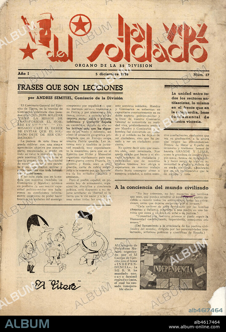 España. Guerra civil (1936-1939). Portada del periódico La voz del soldado, órgano de la tercera división del ejército republicano. Diciembre de 1938.
