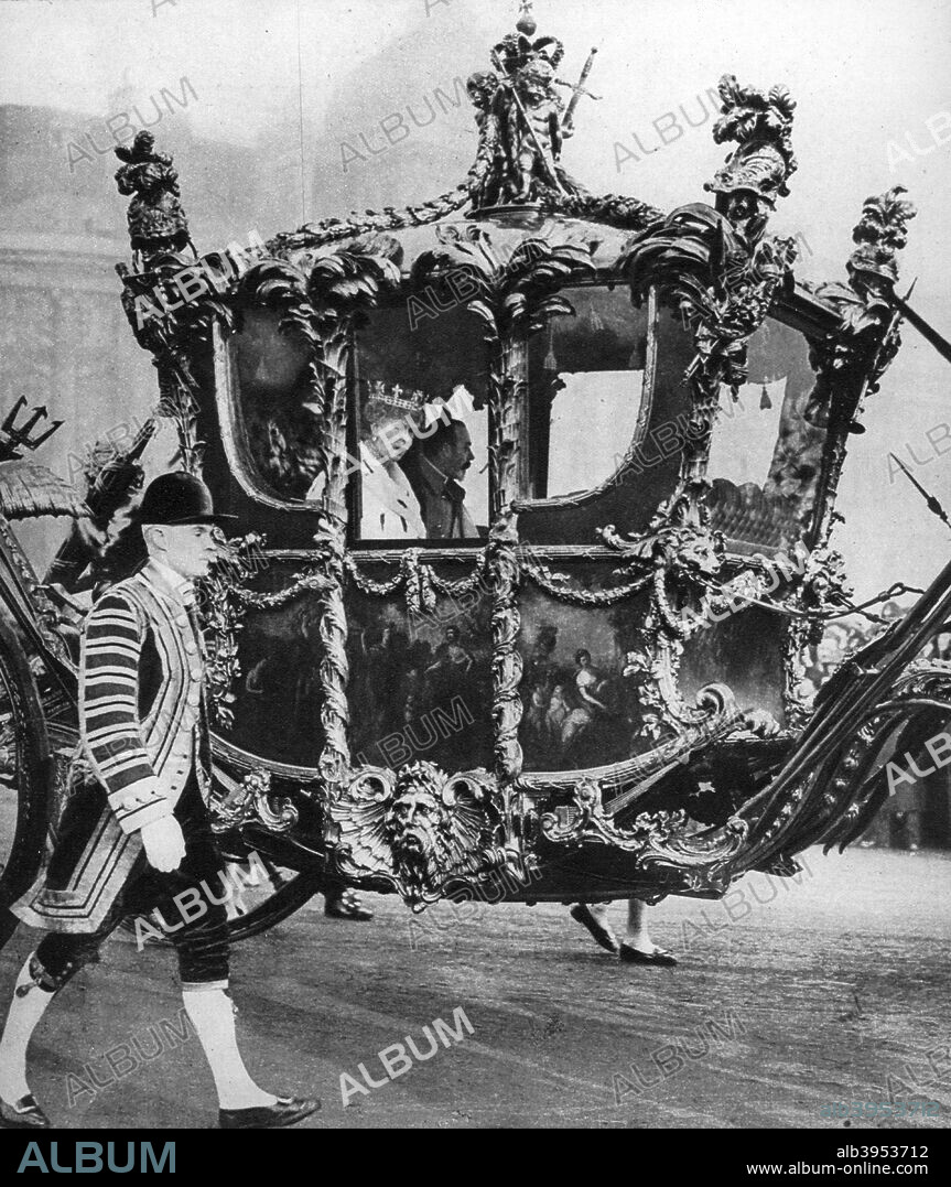 King George V and Queen Mary on their way to the State Opening of Parliament, c1930s. Illustration from George V and Edward VIII, A Royal Souvenir, by FGH Salusbury, a souvenir book published as Edward VIII was crowned following the death of his father, George V, (Daily Express Publication, London, 1936).
