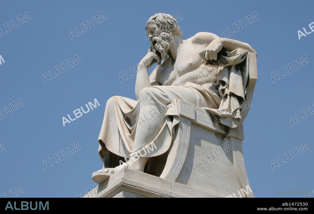 Socrates (469-399 BC). Classical Greek Philosopher.  Statue of Socrates at the Athens Academy. Athens. Central Greece. Attica. Europe.