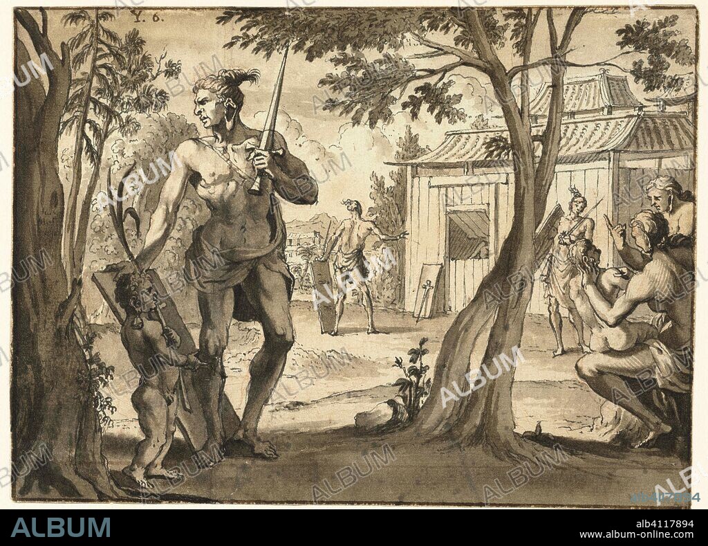 Enkele indianen rond een hut. Ontwerpen voor De Aanmerkenswaardigste (...) Zee- en Landreizen (series title). Draughtsman: Jan Goeree. Dating: 1704 - 1727. Measurements: h 130 mm × w 180 mm.