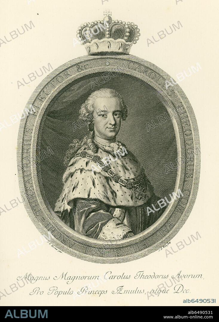 Karl Theodor, Elector of Bavaria and Count Palatine of the Rhine (1724-1799). 
Phototype from "Allgemeines Historisches Portr&auml;twerk" (historical portraits), a collection of 600 portraits of the most famous persons of all cultures and origis since 1300. Volume one: dukes and popes. Munich, 1884. Verlagsanstalt fuer Kunst und Wissenschaft, vormals Friedrich Bruckmann.