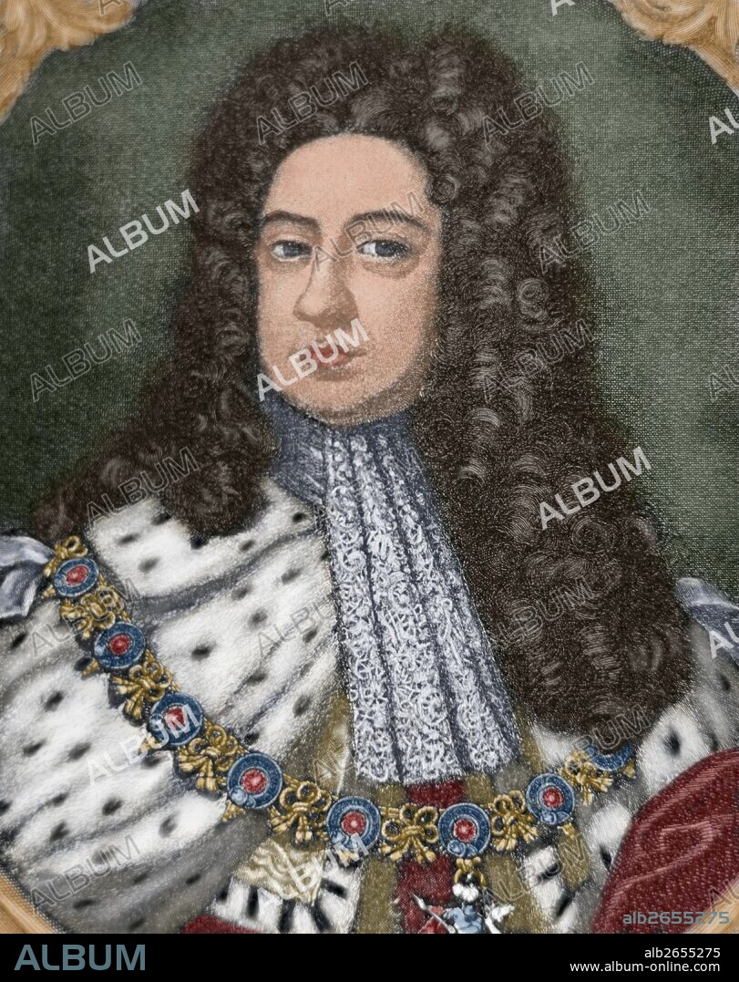 JORGE II (Hannover,1683-Londres,1760). Rey de Gran Bretaña e Irlanda y elector de Hannover (1727-1760), hijo y sucesor de Jorge I. Intervino en la batalla de Oudenarde (1708), y fue el último rey inglés que mandó sus tropas en el campo de combate, lo que ocurrió en Dettingen, en 1743. Grabado coloreado.