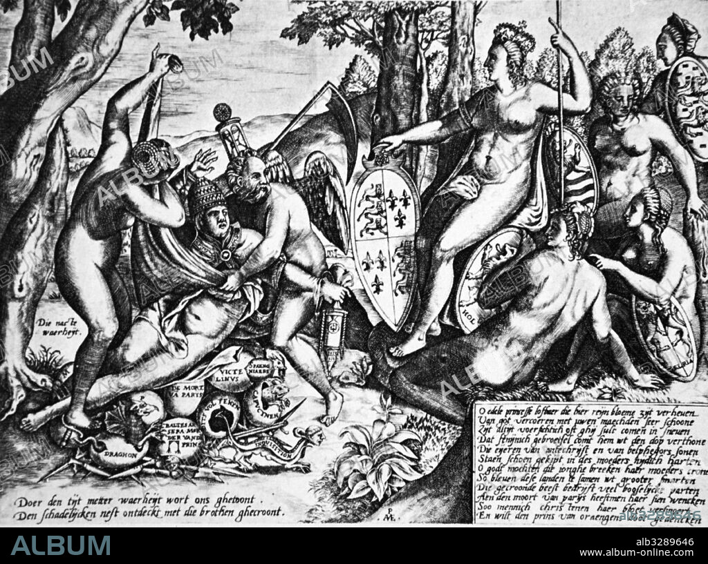 An antipapal satire depicting Queen Elizabeth I, as the goddess Diana, sitting in the judgement on Pope Gregory XIII during the Inquisition of the St. Bartholomew's Day Massacre, and the assassination of William of Orange. Dated 16th Century.