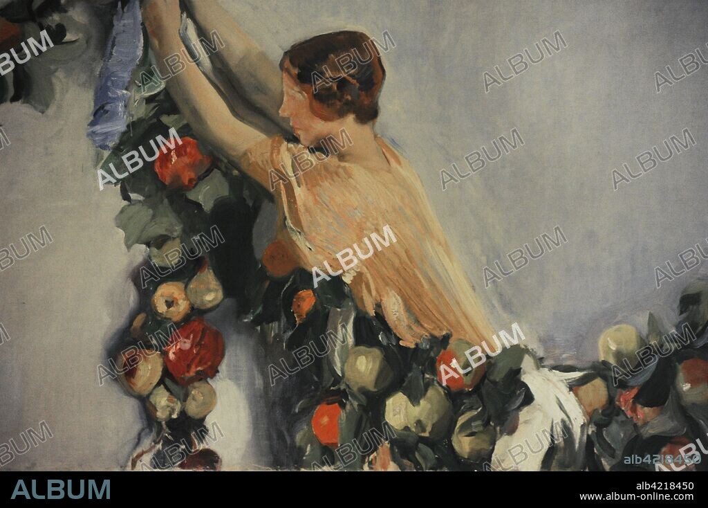 Joaquín Sorolla y Bastida (1863-1923). Pintor español. Guirnalda de Frutos Valencianos, Laurel y Flores que recogen entre su mujer y sus hijas. Fresco. Detalle de su hija Elena vestida con un Delfos diseñado por Mariano Fortuny Madrazo. Comedor. Museo Sorolla. Madrid. España.